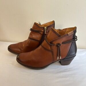 Pikolinos Leather Ankle Boots Brown Side Zip Braided Detail Block Heel 39 Almond